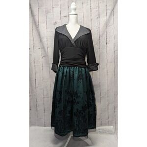 Dressbarn Black Green Mesh‎ Overlay Dress Black Midi Whimsigoth Fairy Grunge 14